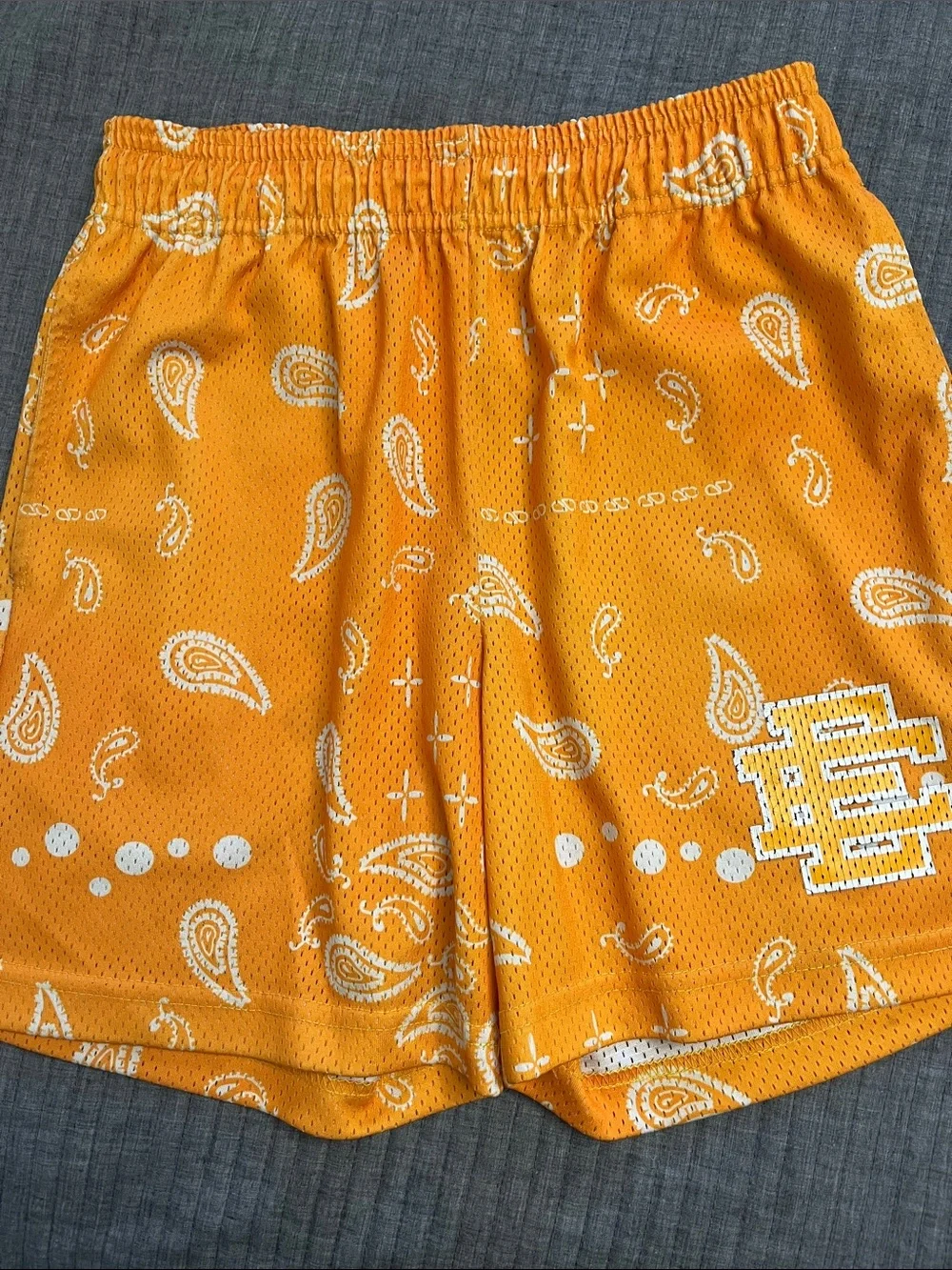 Eric Emanuel Orange and White Paisley Mesh Shorts